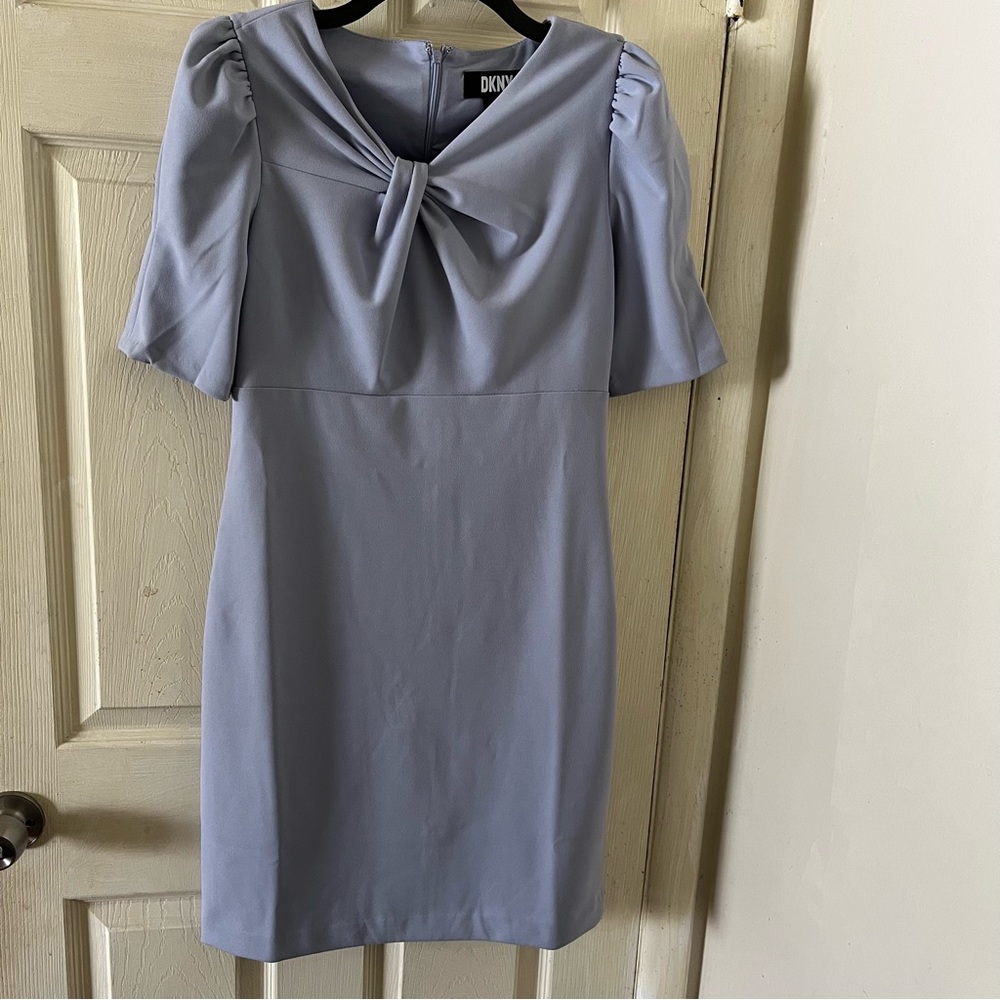 DKNY Women's Puff Sleeve Mini Dress Color Sky Mist Asymmetric Neck Size 8. NWT.